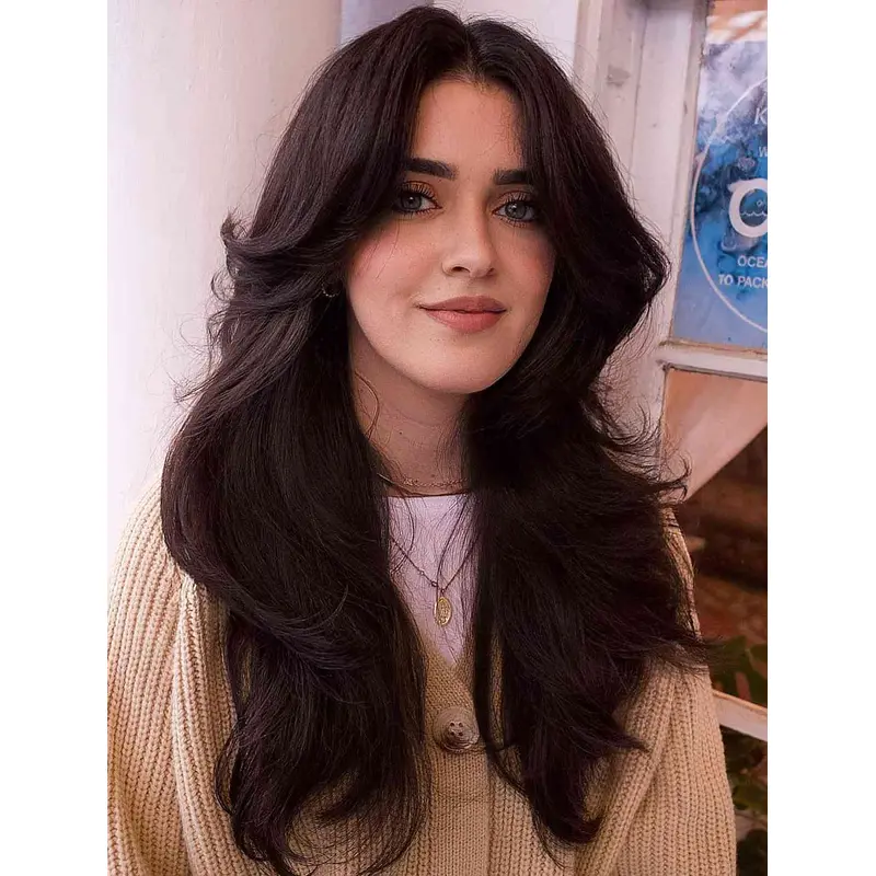 Long Brown Hair Wig Synthetic Layered Wig Wavy Lace Front Soft Long Wigs