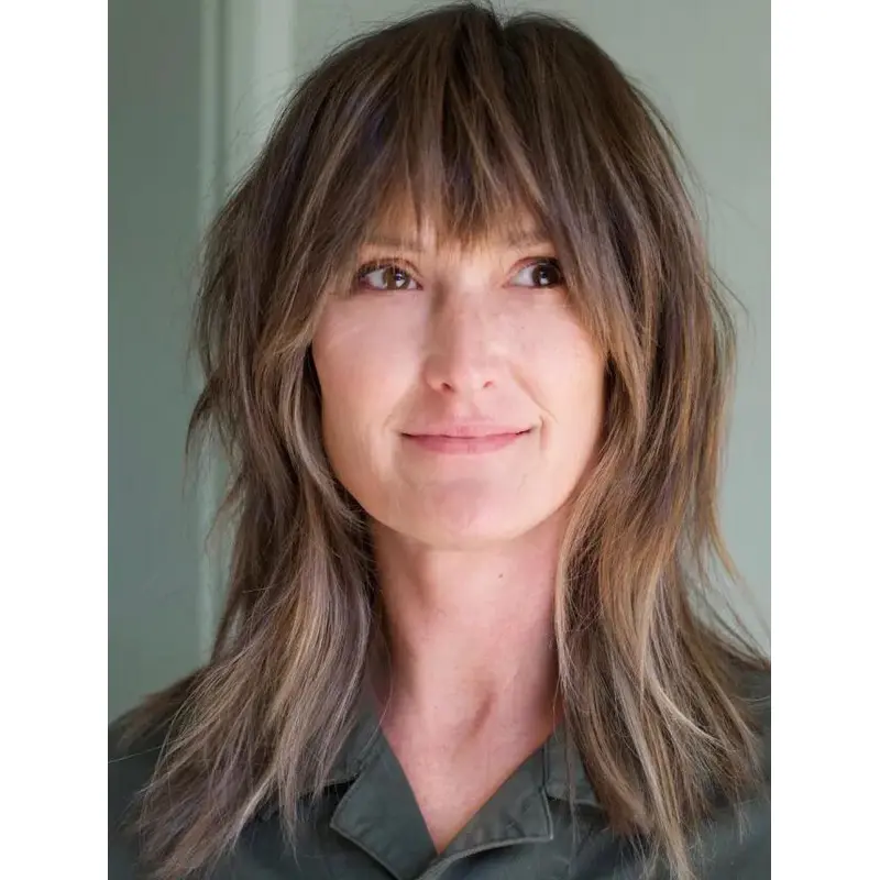 Medium Layered Wigs Lace Front Synthetic Wavy Brown Sliced with Bangs Wigs