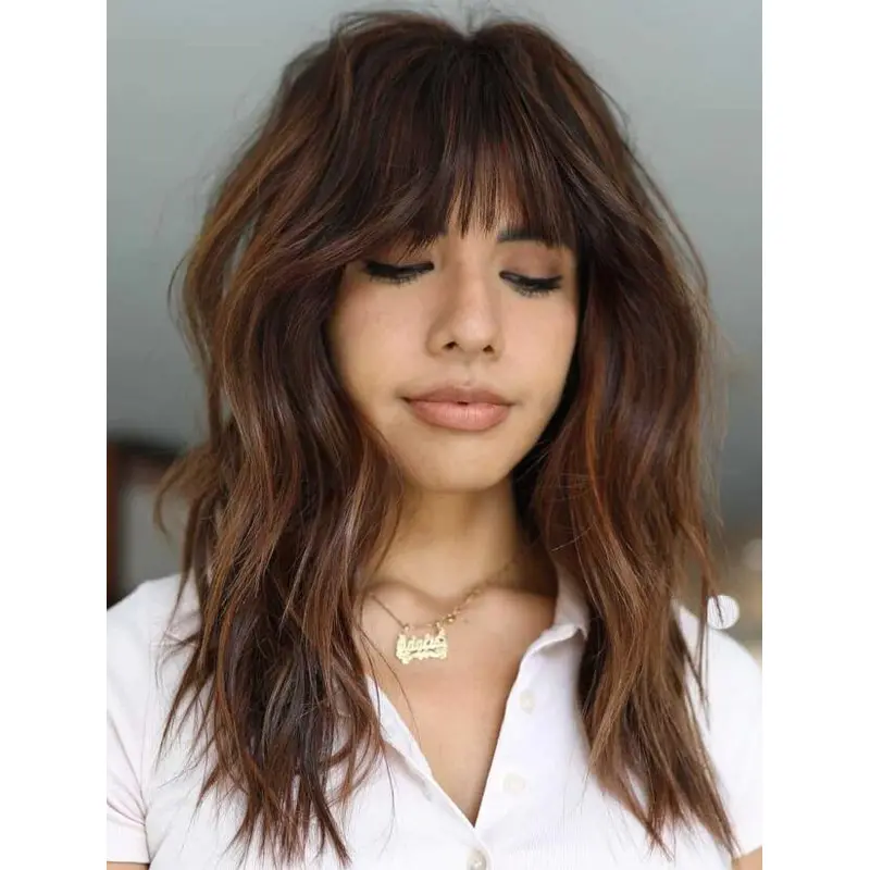 Wavy Brown Wig Lace Front Convenient Layered Full Fringe Wigs