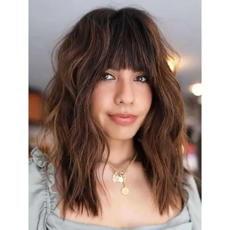 Wigs For Sale Lace Front Brown Wigs Shoulder Length Wavy With Bangs Synthetic Wigs