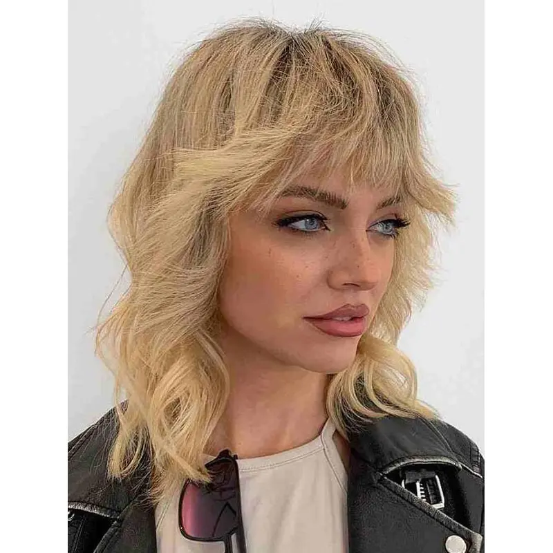 Bob Wigs Synthetic Wigs Blonde Shoulder Length With Bangs Wigs Lace Front Wigs