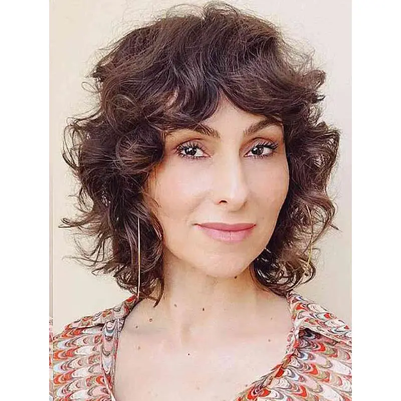 Brown Curly Wig Shoulder Length Synthetic Lace Wigs Gorgeous Bob Wigs