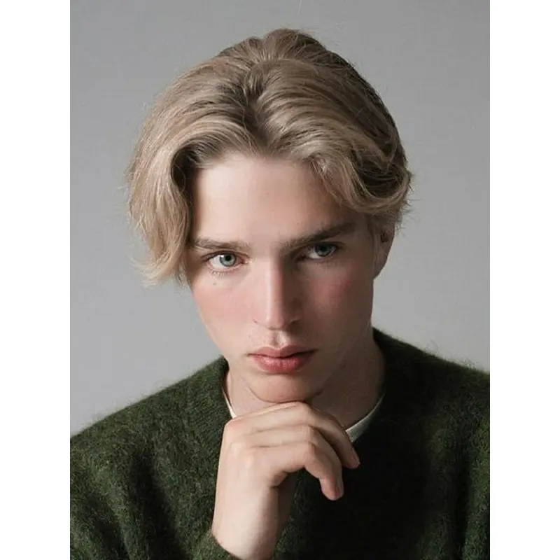 Male Human Hair Wig Layered 6" Wavy Blonde Short Wigs