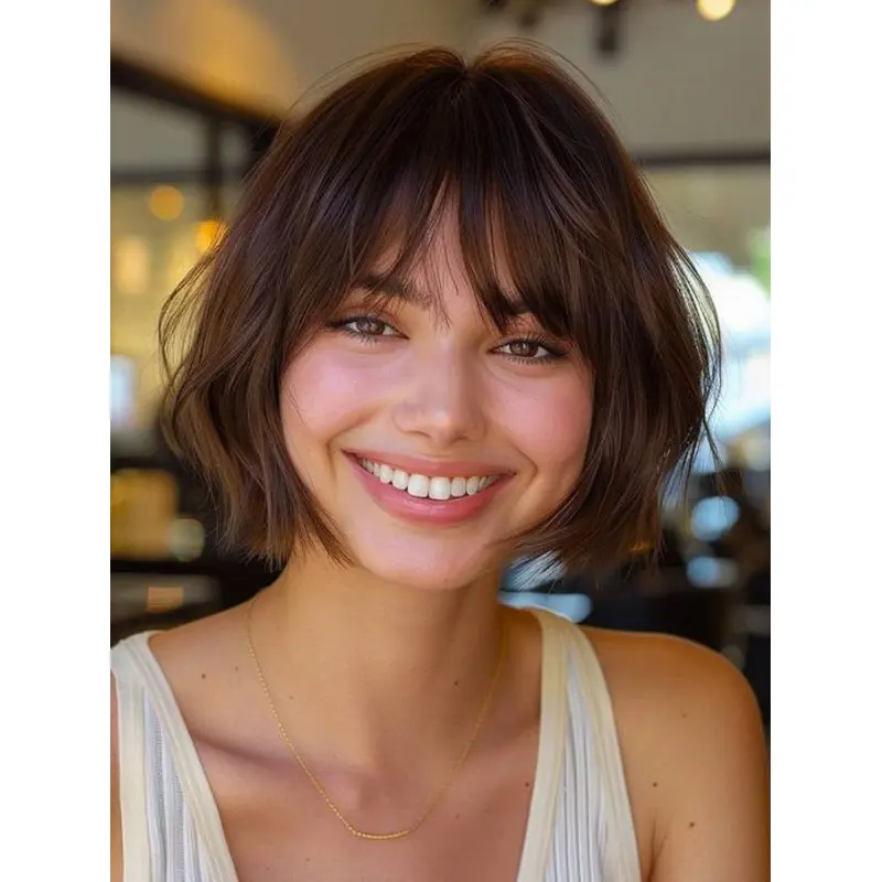 Real Hair Wigs Bob Brown 10" With Bangs Monofilament Wigs