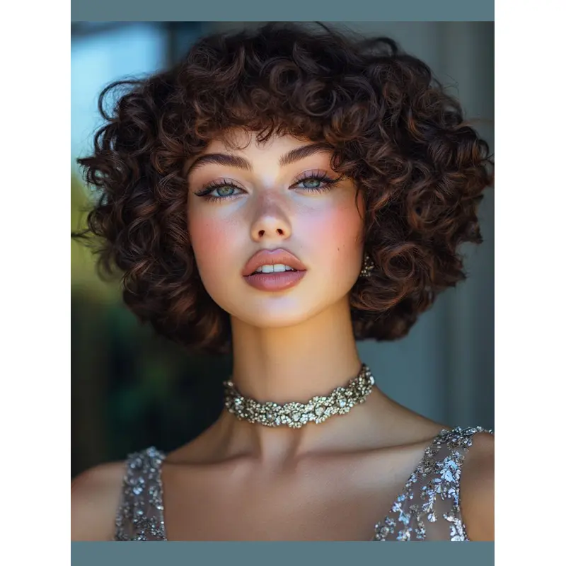 Short Hair Wig Styles Brown Synthetic 8" Curly Monofilament Bobs Wigs