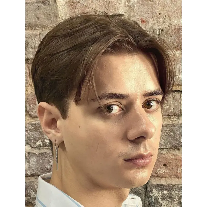 Straight Mono Top Remy Human Hair Brown Short Curtain Bangs Men Wigs