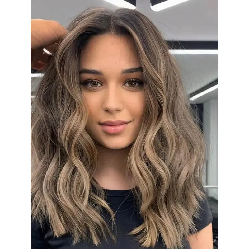 Lace Wigs Shoulder Length Wavy Wigs With Bangs Medium Length Wigs