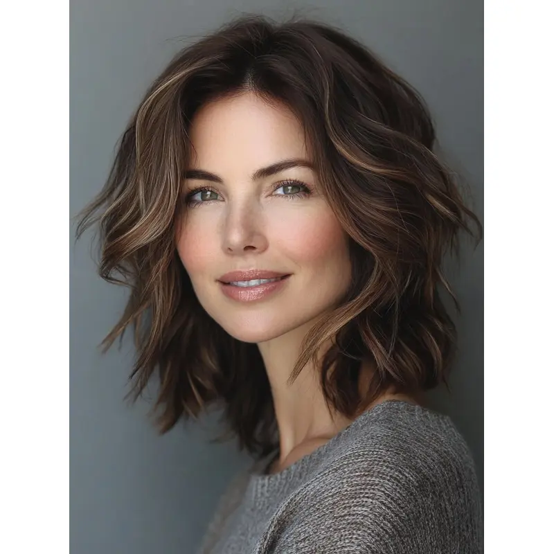 Medium Length Wigs Wavy Monofilament Synthetic Layered 14" Brown Wigs