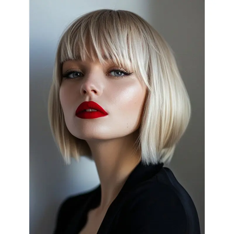 Real Hair Bob Wig Blonde 10" With Bangs Monofilament Wigs