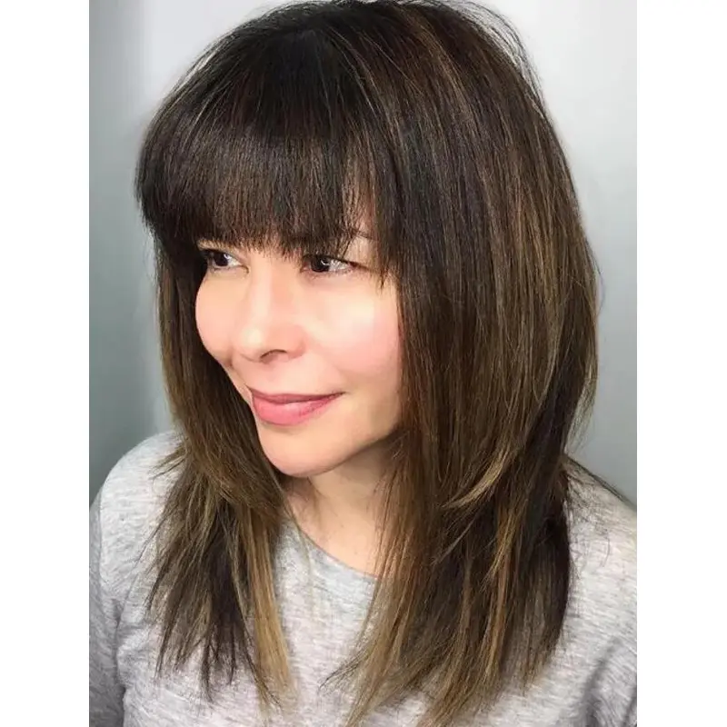 Cancer Wigs Brown Layered Lace Front Straight Shoulder Length Shag Wigs