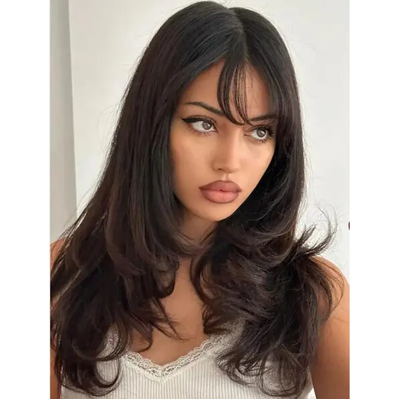 Human Hair Lace Wigs Long Layered Wigs Wavy Exquisite Lace Brown Wigs