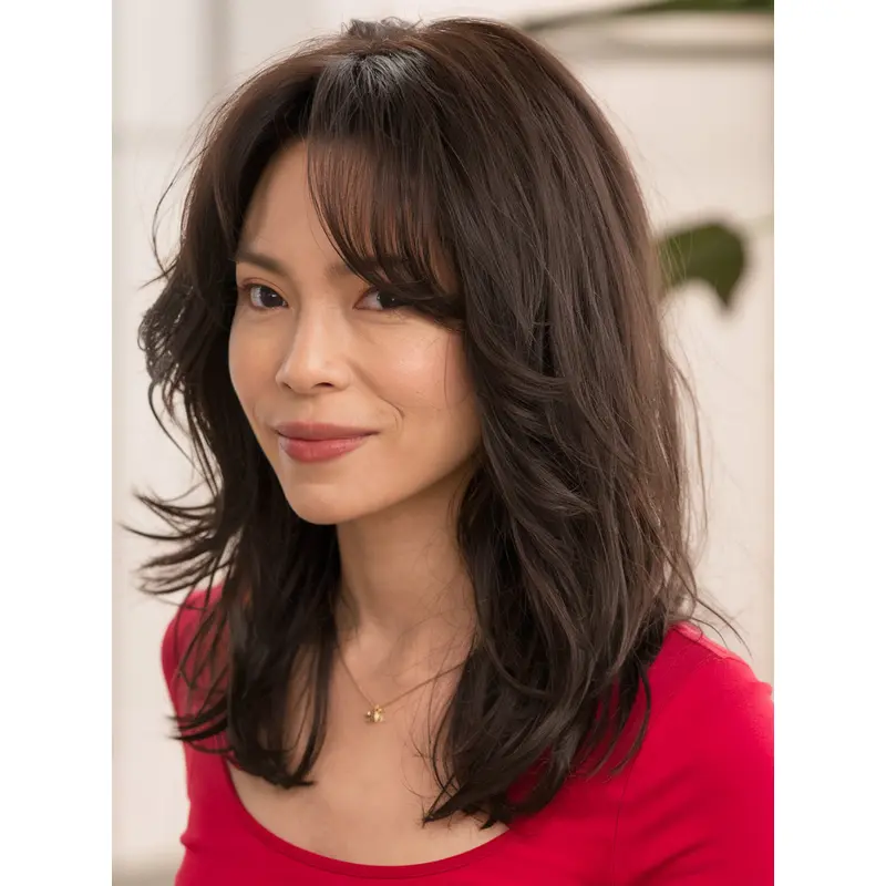 Long Brown Human Hair Wig Lace Front 16" Layered Wavy Wigs