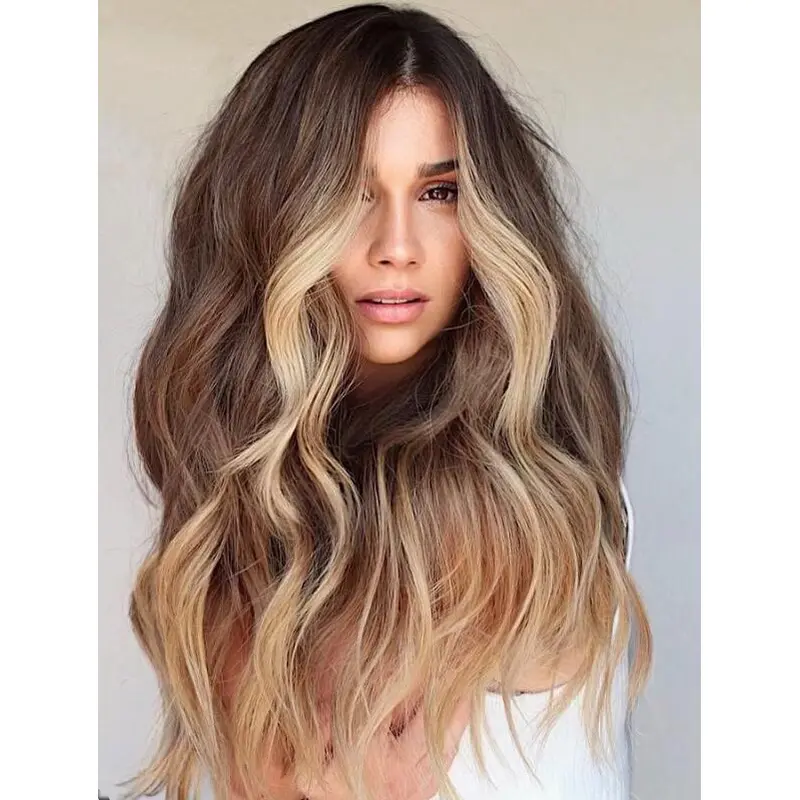 Long Brown Wigs Without Bangs Synthetic Wigs Wavy Lace Front Wigs