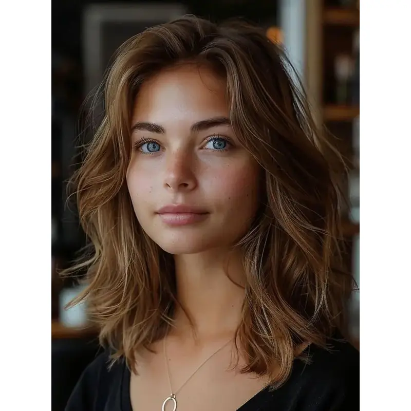 Medium Brown Wavy Wig Monofilament Shoulder Length Synthetic Without Bangs 14" Wigs