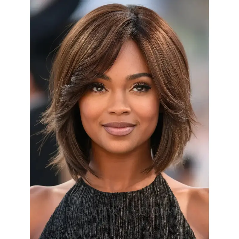 African American Human Hair Bob Wigs Monofilament 12" Brown Wigs