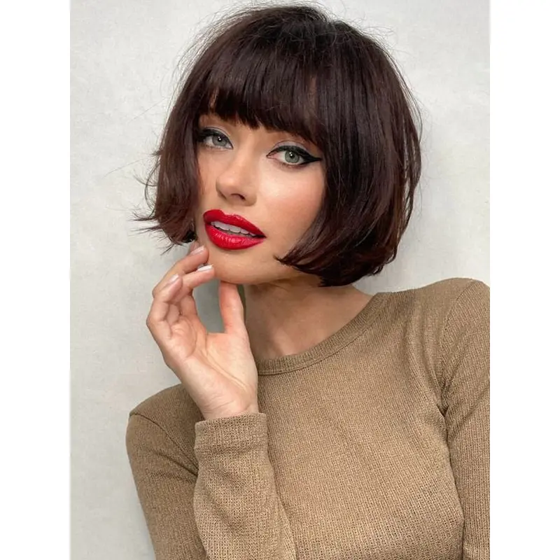 Cute Short Wigs 8" Synthetic Lace Front Bobs Straight Brown Wigs