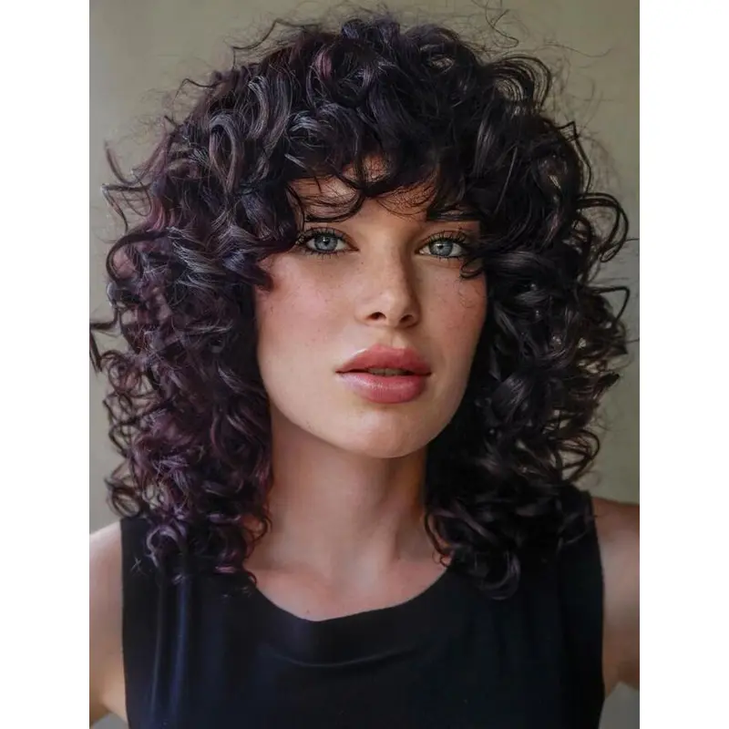 Dark Brown Wig Lace Front Shoulder Length Synthetic Curly Bangs Wigs