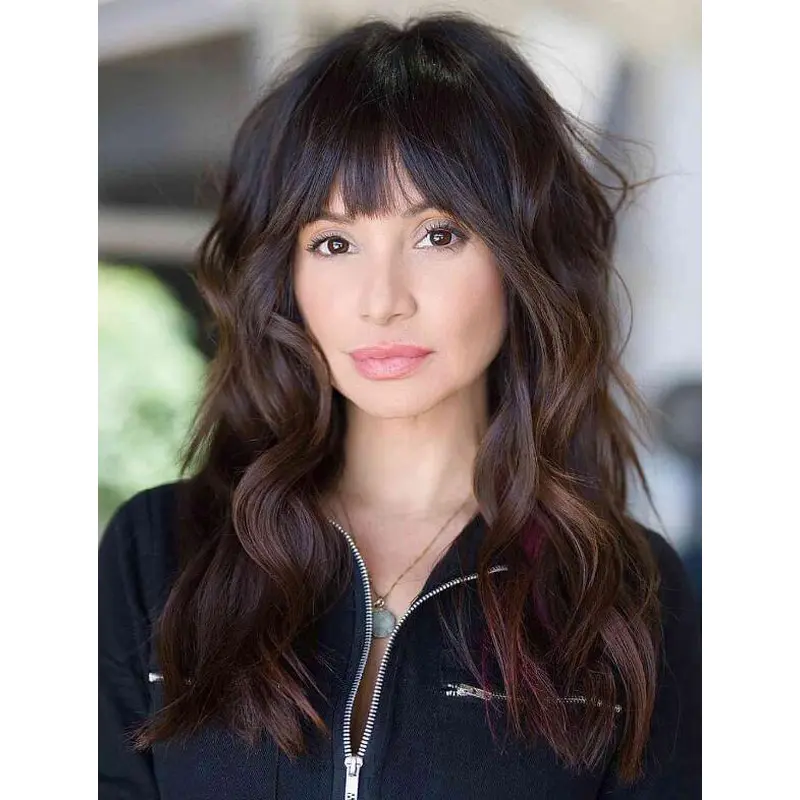 Human Hair Wigs Brown Long Wavy Wigs Lace Front Layered Shag With Bangs Wigs