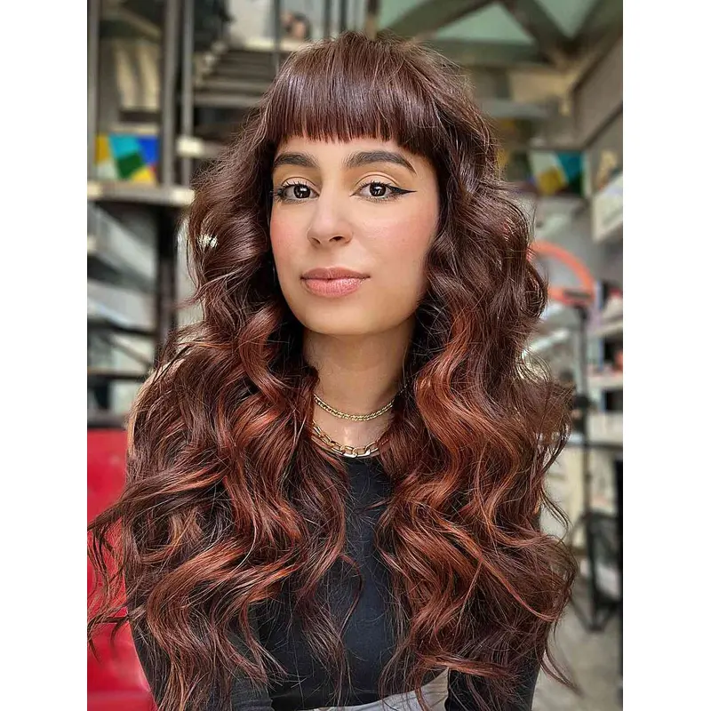 Long Curly Wigs Beautiful With Bangs Lace Wigs Synthetic Brown Long Wigs