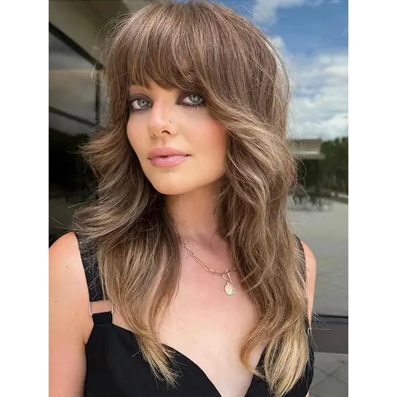 Long Shag Wigs Comfortable Wavy With Bangs Wig Blonde Wigs Long Hair