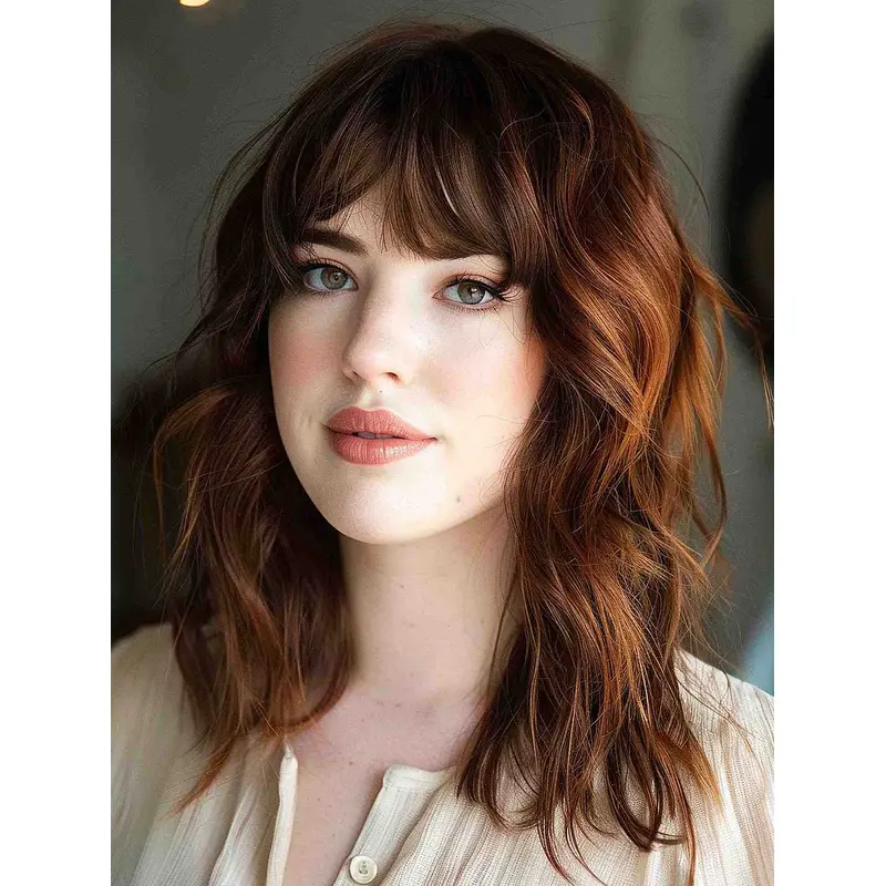 Medium Lace Front Wigs Wavy With Bangs 14" Brown Wigs