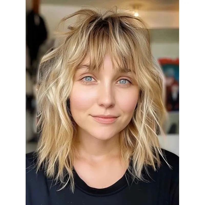 Medium Length Lace Front Wigs Wavy With Bangs 12" Blonde Wigs