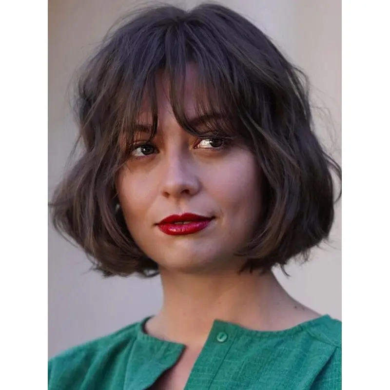 Sexy Wigs Lace Front Wavy Brown Bobs Synthetic French Bangs Wigs