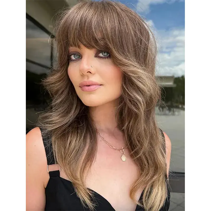 Long Brown Wigs Synthetic With Bangs Wavy Wig Shag Wigs Lace Wigs Long Hair