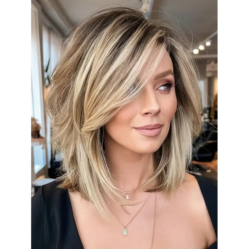 Mid Length Real Hair Wigs Lace Front 12" Straight With Bangs Wigs