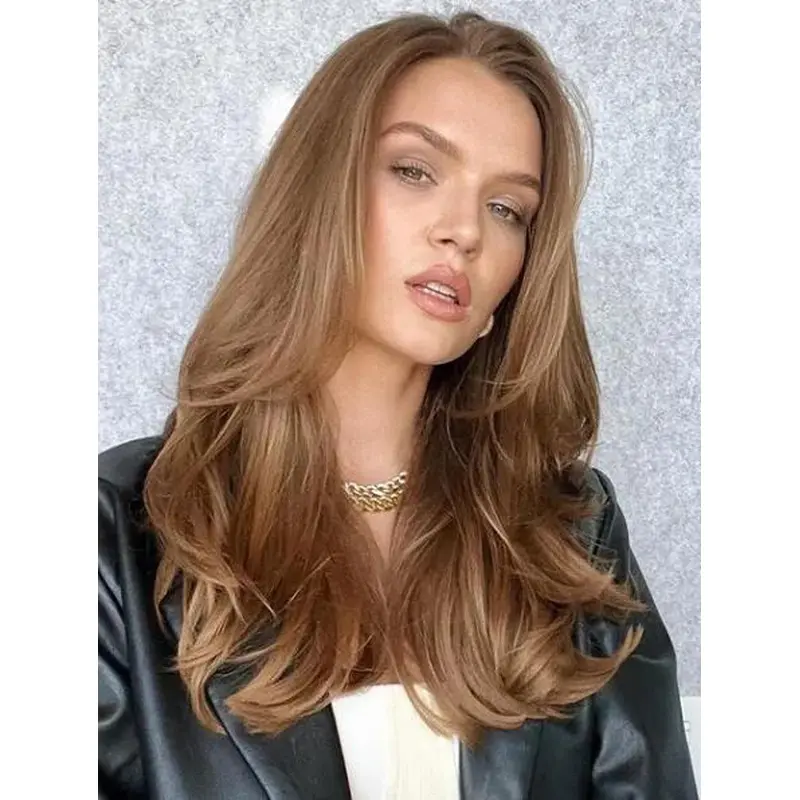 Sale Wigs Brown Lace Front Long Wavy Synthetic Layered Tailored Face-Frame Wigs