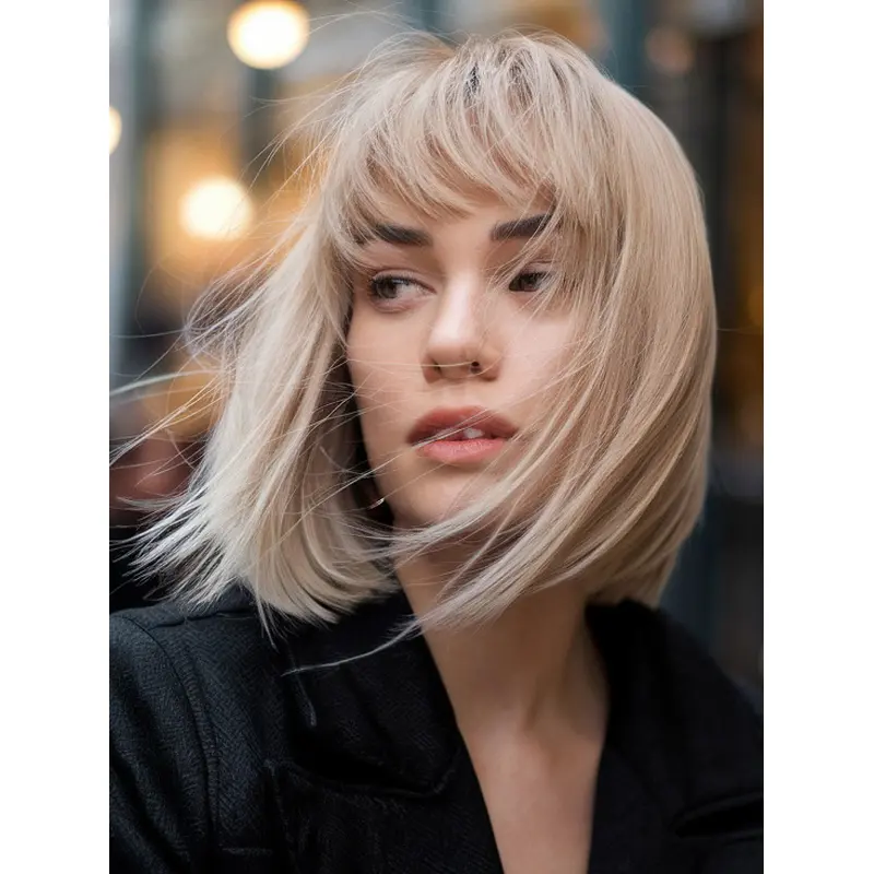 Human Bob Hair Wigs Blonde 10" With Bangs Monofilament Wigs
