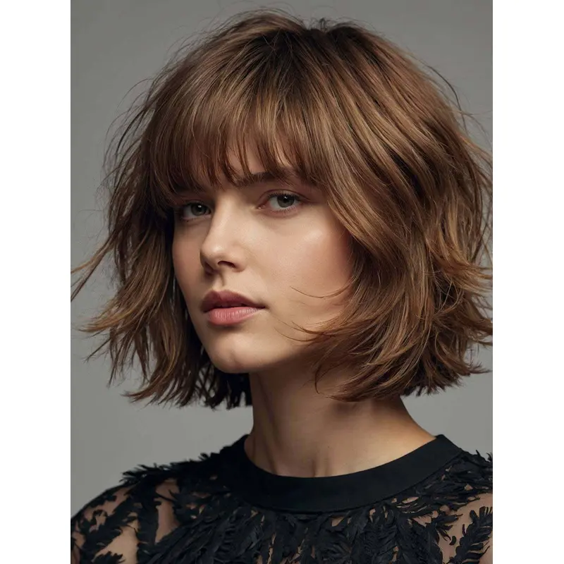 Medium Brown Bob Wigs 10" Wavy Monofilament Remy Human Hair Wigs