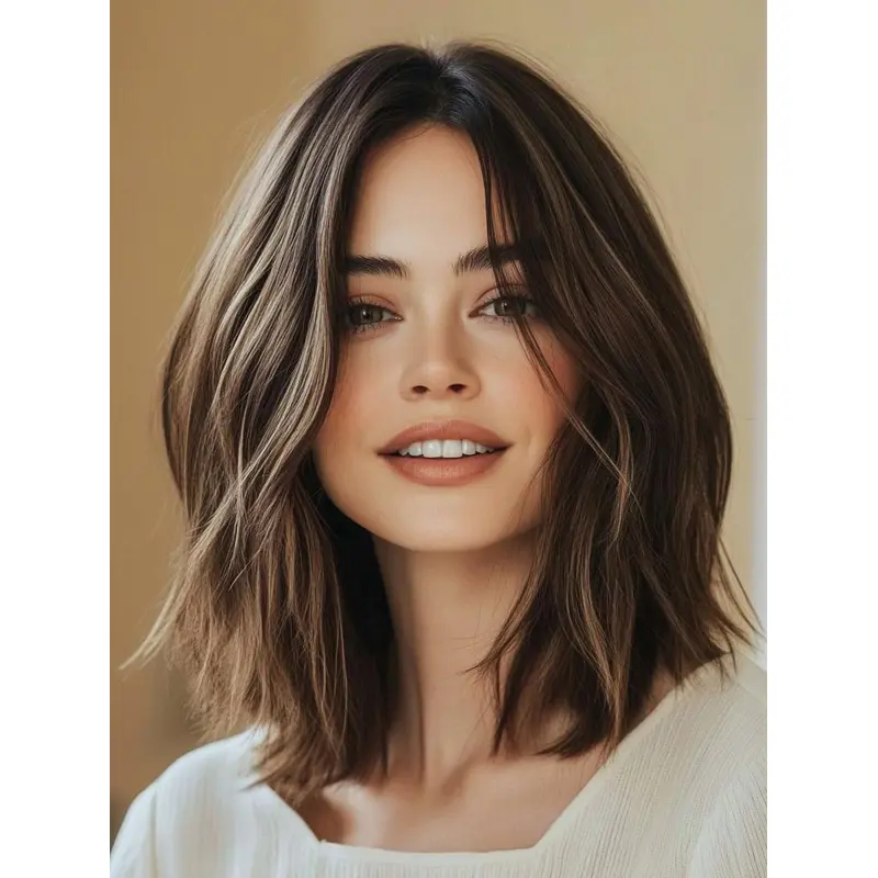 Medium Layered Wigs Monofilament Synthetic 14" Brown Wavy Shoulder Length Wigs