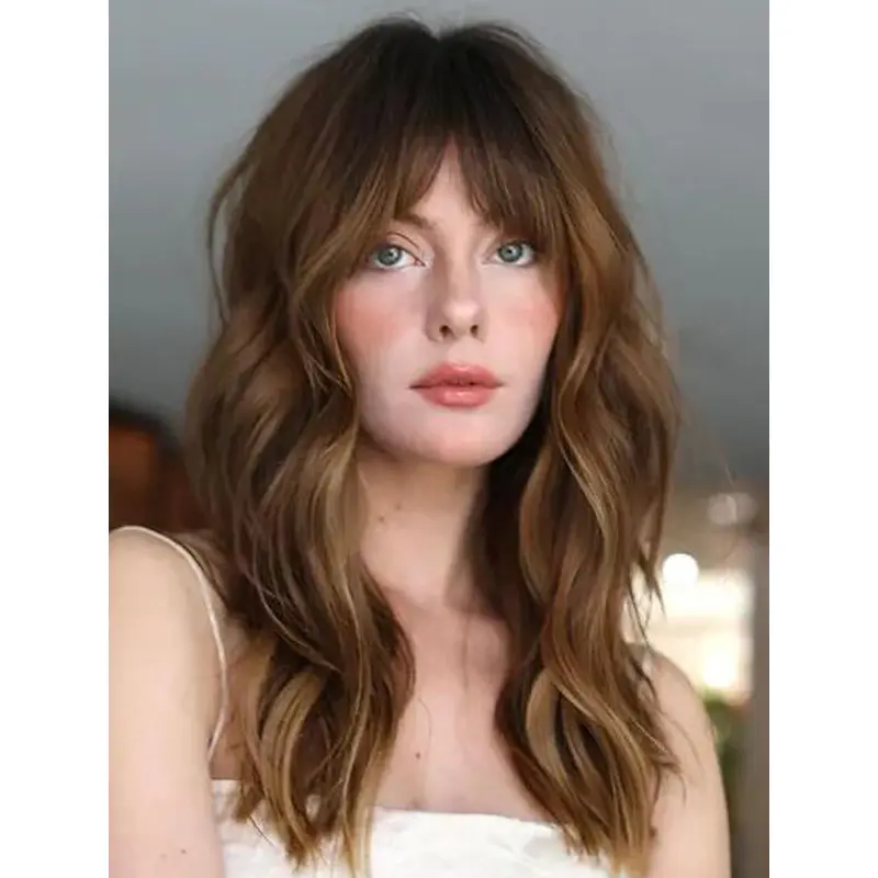 Real Human Hair Wigs Brown Lace Front Wigs Wavy With Bangs Long Wigs