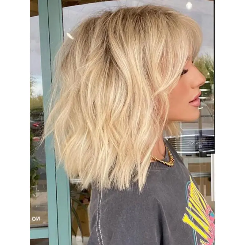 Long Blonde Wig 14" Wavy Lace Front Shaggy Shoulder Cut Wigs