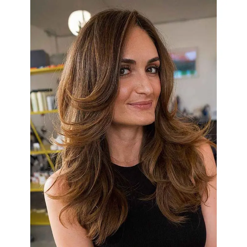 Long Human Hair Wigs Lace Wigs Wavy Lace Front Wigs Brown Layered Balayage Wigs