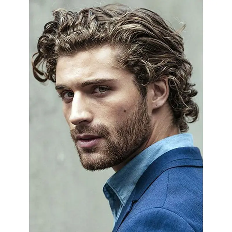 Male Wigs That Look Real Brown Curly Short Monofilament Wigs