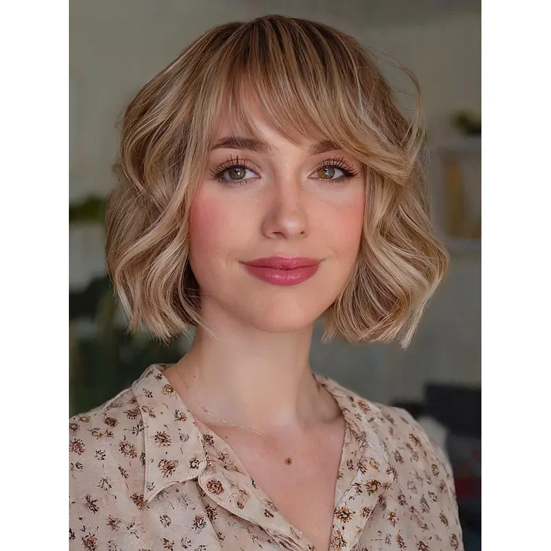 Human Bob Wigs Blonde 10" With Bangs Monofilament Wigs