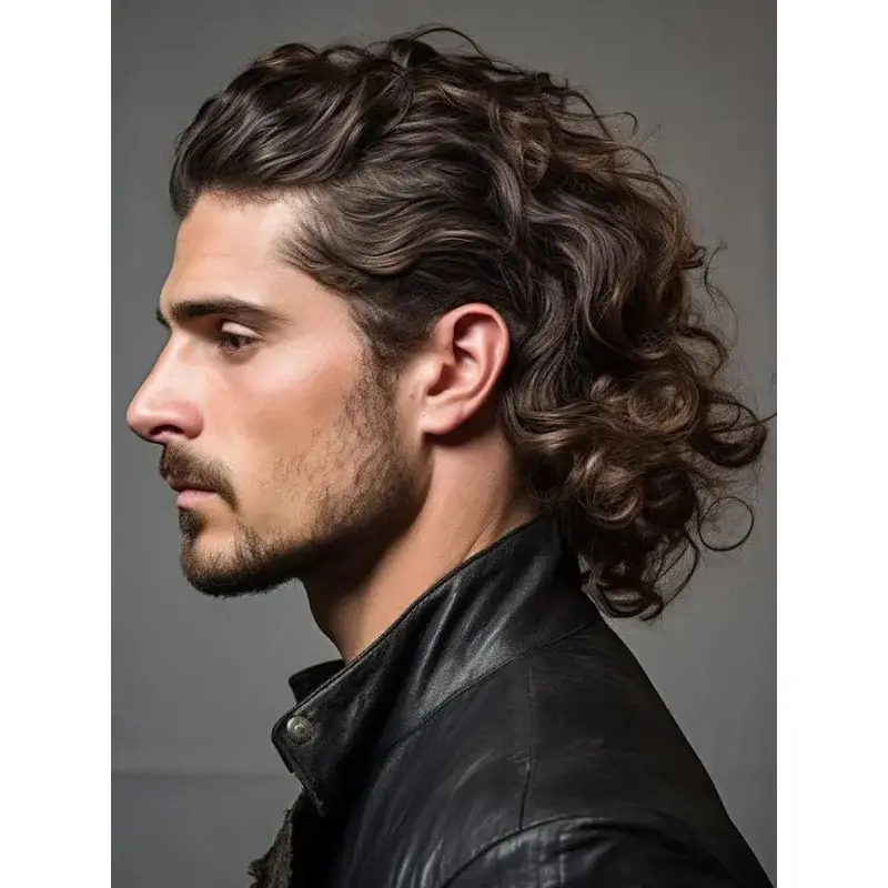 Men Wigs Medium Brown Curly Shoulder Length Wigs