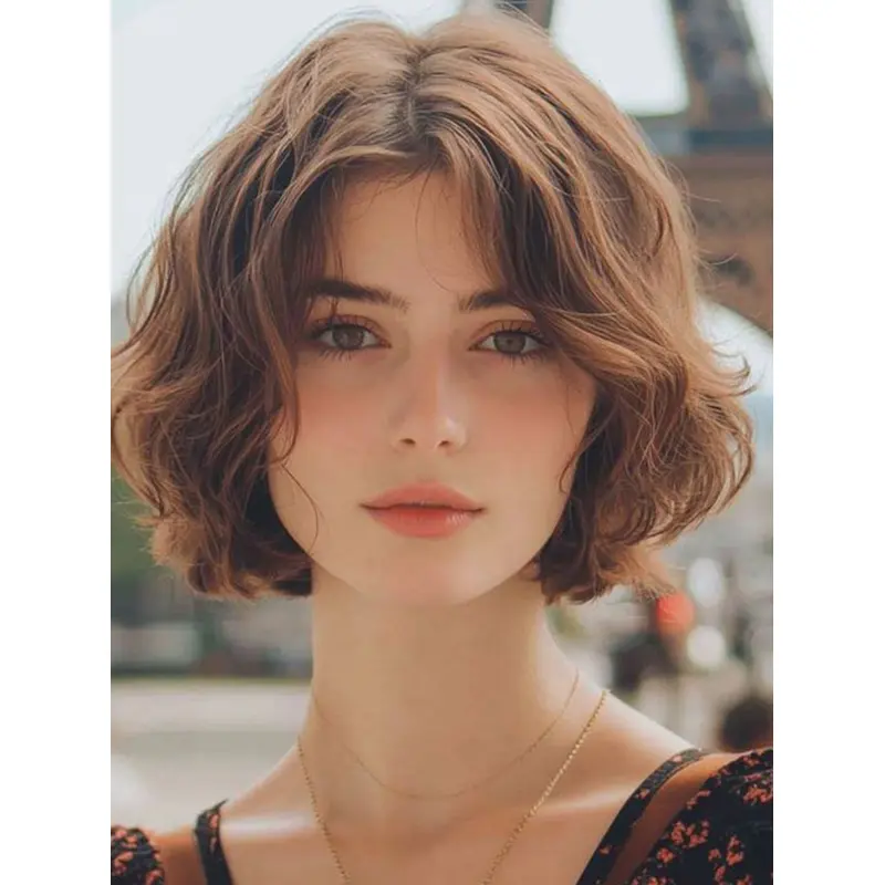 Ladies Brown Bob Wig 10" Wavy Synthetic With Bangs Wigs
