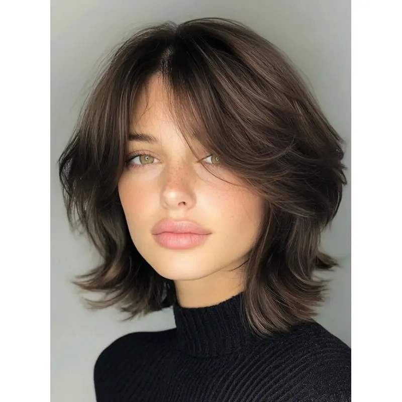 Medium Brown Lace Front Wig 12" Layered Chin Length Synthetic Wavy Wigs