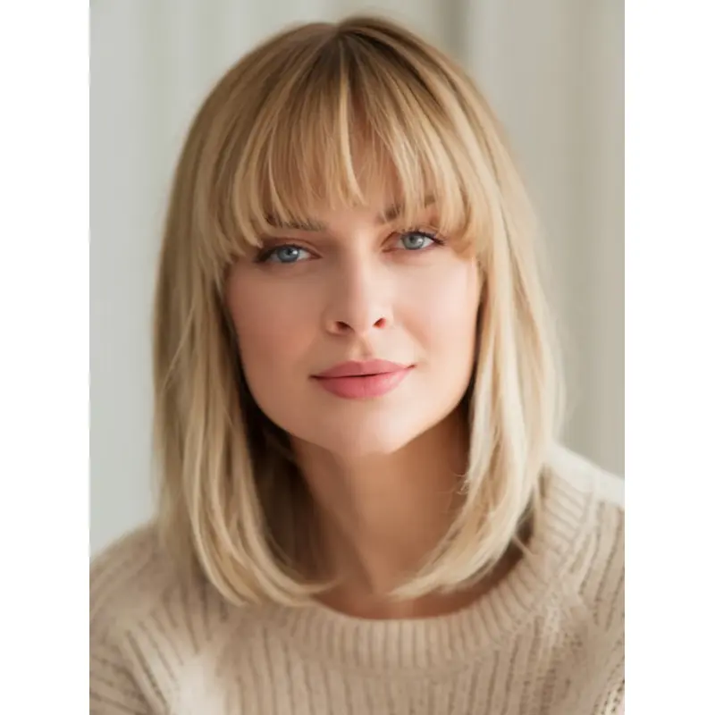 Bob Wigs Human Hair With Bangs Straight 12" Blonde Wigs