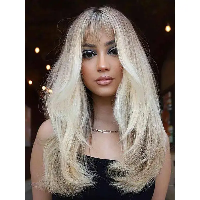 Long Blonde Human Hair Wigs 20" Monofilament Layered Wigs