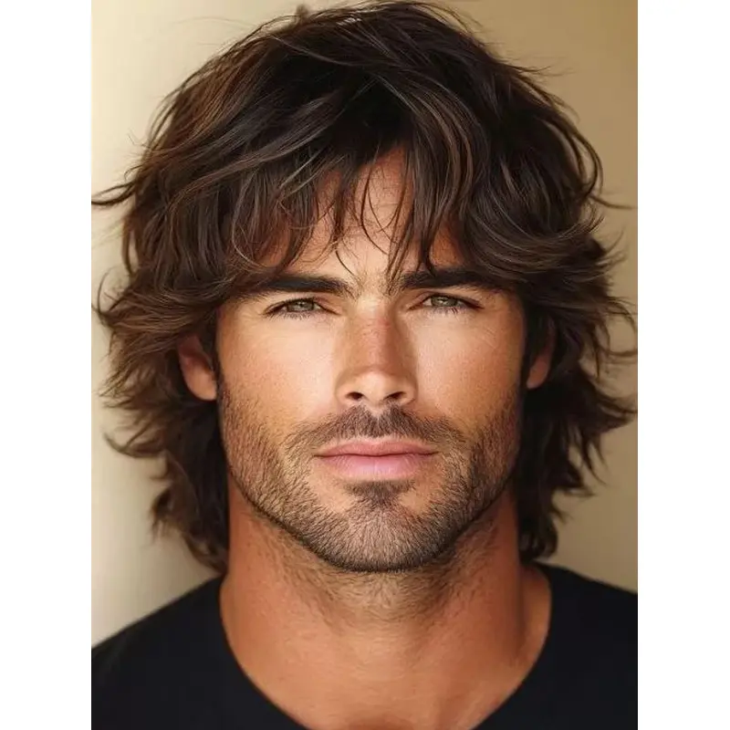 Older Mens Wigs Brown Short 8" Wavy With Bangs Wigs