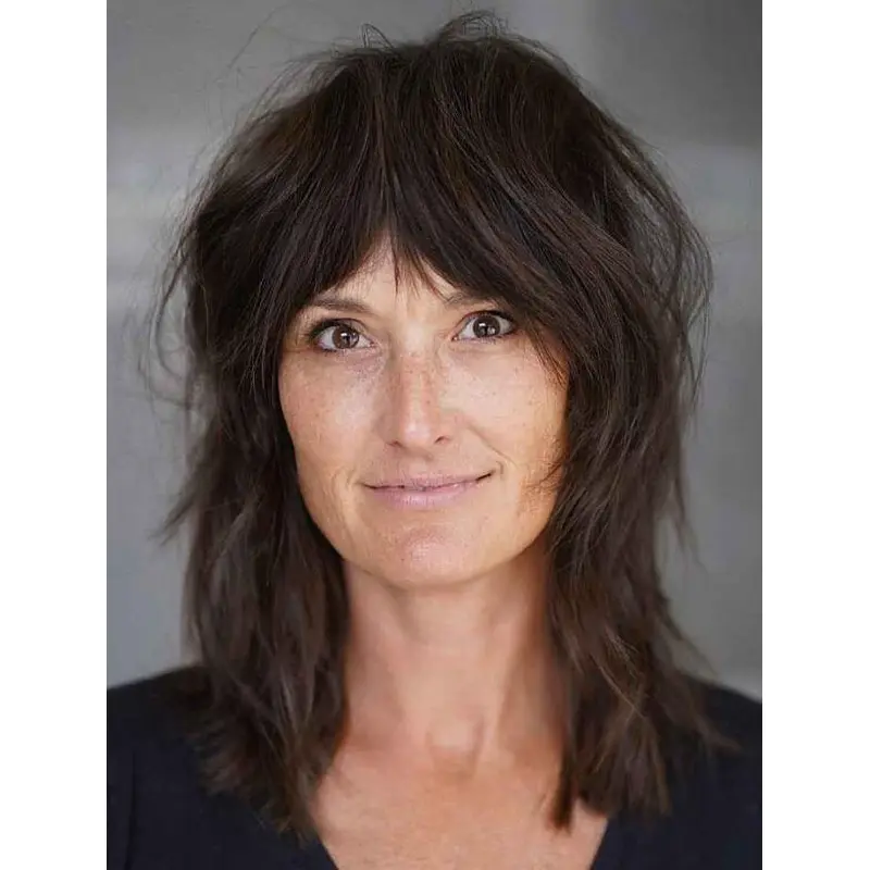Wigs For Women Wavy Synthetic Shoulder Length Wigs With Bangs Stylish Brown Wigs