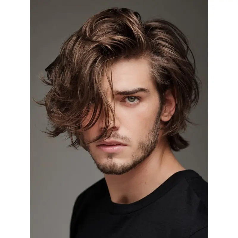 Wigs Human Hair Men Brown Wavy Short Monofilament Wigs