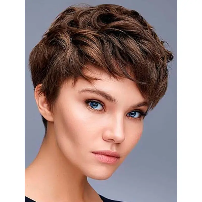 Ladies Wigs Short Styles Brown Synthetic Wig Lace Front Wavy Short Pixie Wigs