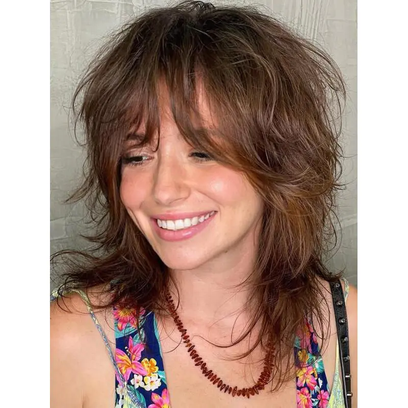 Light Brown Wig Layered Lace Front Wavy Shoulder Length Wispy Bangs Wigs