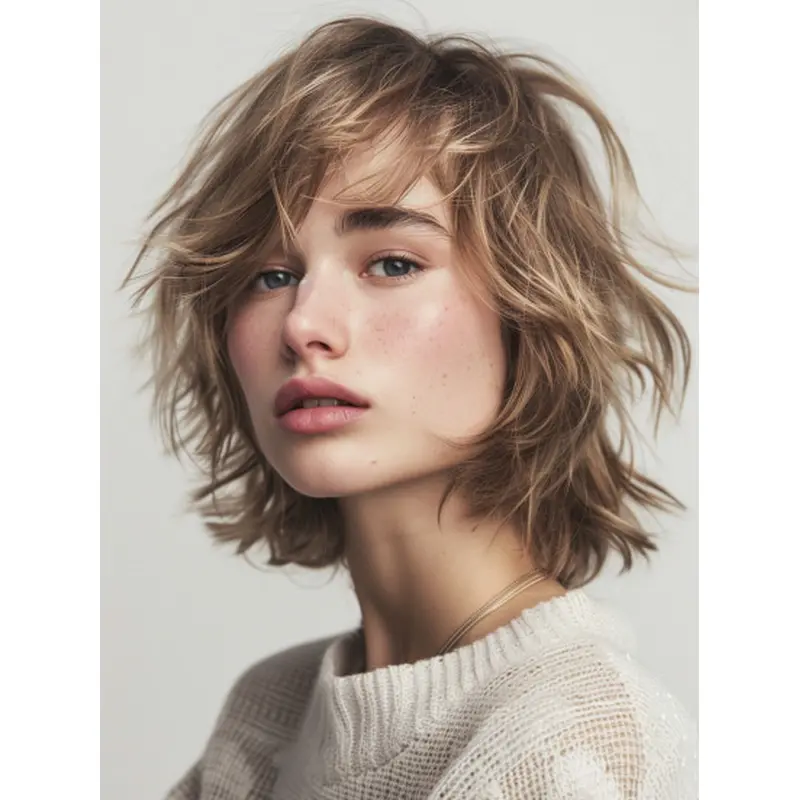 Medium Length Real Hair Wigs Monofilament 10" Wavy With Bangs Wigs