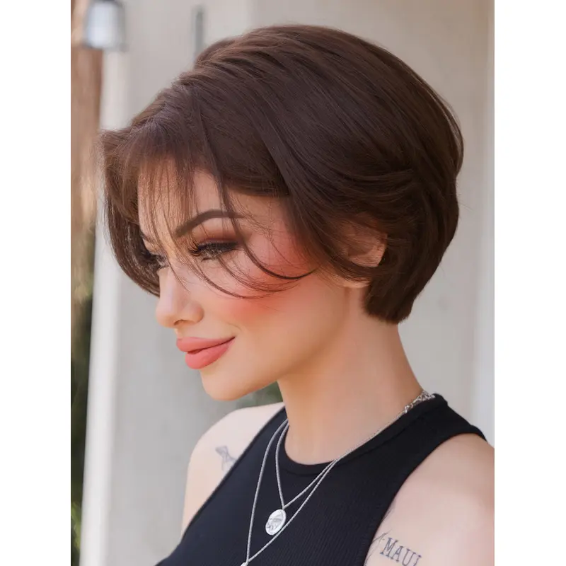Short Bob Wig Brown Remy Human Hair Straight 8" Lace Front Wigs